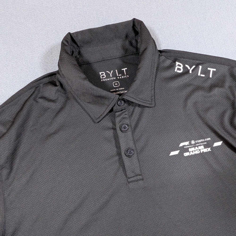 BYLT Polo Shirt Mens Medium F1 Miami Grand Prix Charcoal Grey Short Sleeve